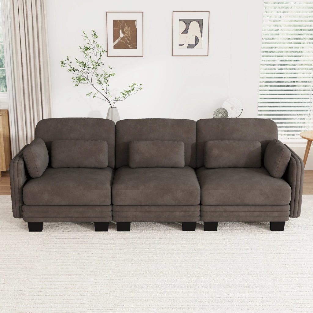 Divano modulare 3 posti 253x88x88 cm in ciniglia con cuscini; marrone