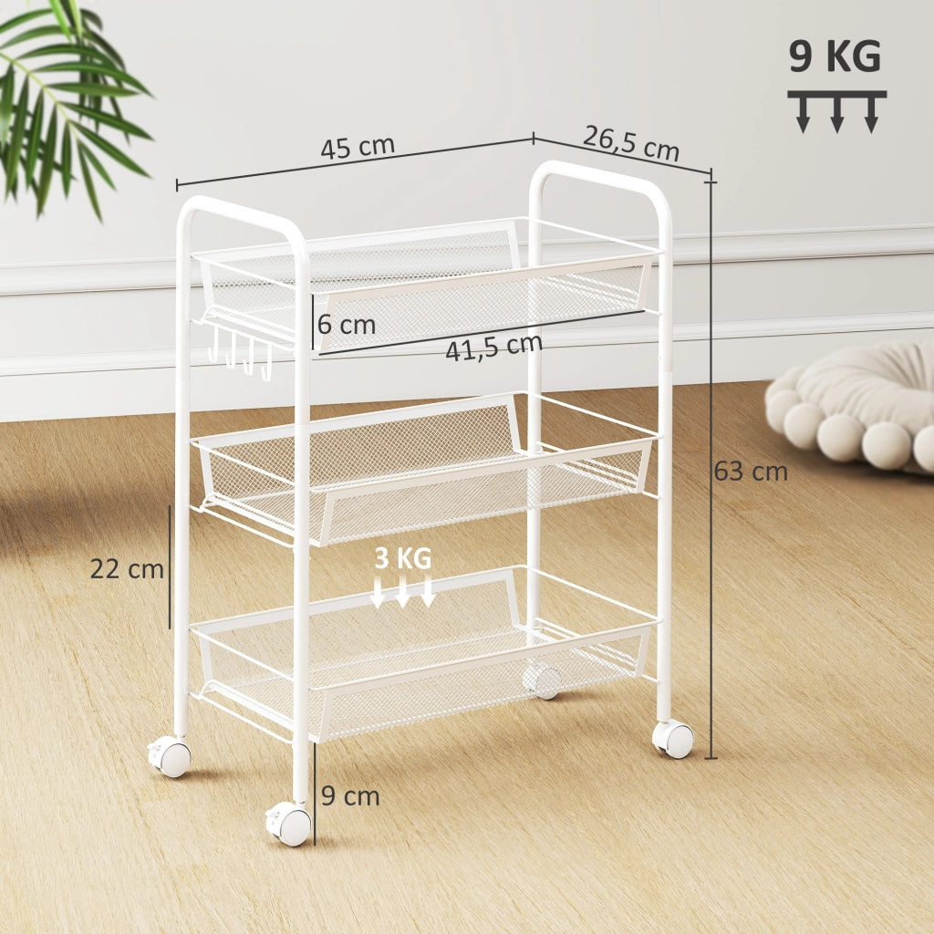 Carrello a 3 livelli con cesti ¨C zephmum ¨C bianco 45x26.5x63 cm