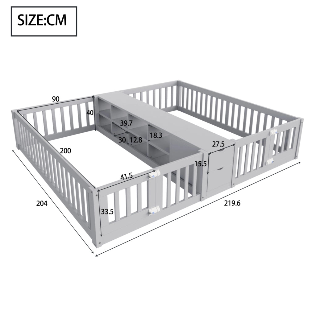 Letto doppio per bambini 90x200 cm con cassetti, grigio
