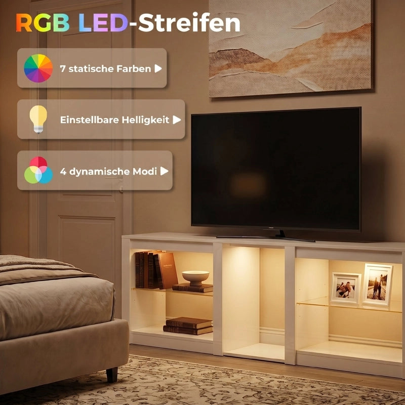 Mobile porta TV con LED RGB e ripiani in vetro regolabili, per televisori fino a 75 pollici, bianco, 160 × 35 × 52 cm