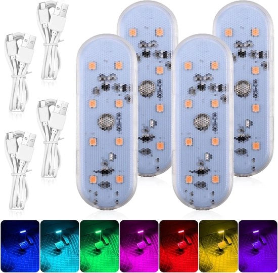 Auto-binnenverlichting 8 LED con 4 pezzi, oplaadabile via USB, mini-autoverlichting con 7 colori, magnetico, luci notturne per l'interior.