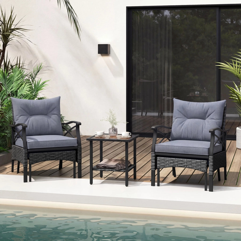 Set di mobili da giardino in rattan a 5 pezzi con sedie e poggiapiedi esterni, Tavolino in vetro temperato a 2 livelli con cuscini per portico e balcone Nero