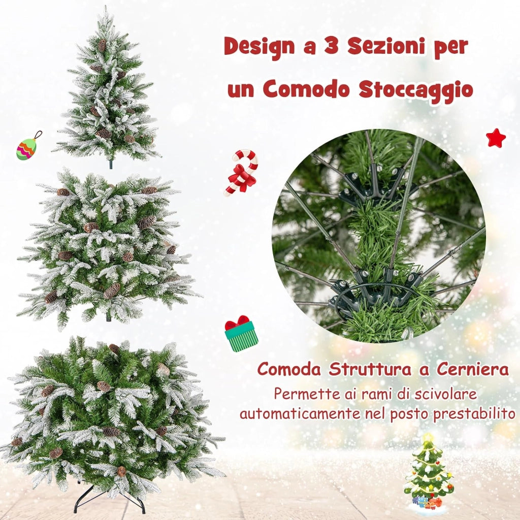 Albero di Natale Artificiale Pre-Luminoso 190 CM, Albero di Natale Innevato con 280 Luci LED Bianche Calde, 765 Punte, 62 Pigne e Base Metallica (190 CM)