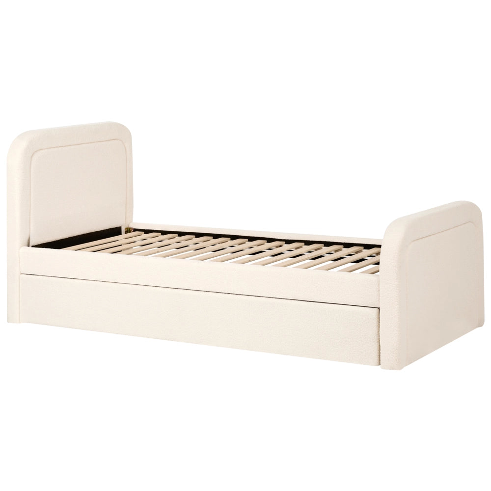 Letto singolo con secondo letto a scomparsa in tessuto Boucle 90 x 200 cm con rete a doghe rivestimento trapuntato beige chiaro camera da letto cameretta