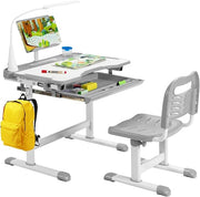 Set Scrivania e Sedia per Bambini, Tavolo Regolabile in Altezza con Piano Inclinabile 45° e Luce LED 3 Modalità, Tavolo e Sedia Ergonomica in Materiali Sicuri per 4+ Anni (Grigio)