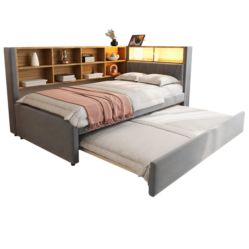 Divano letto multifunzionale 90x200 con letto estraibile 90x190, luci LED, prese di ricarica e vani contenitore, flanella, grigio scuro
