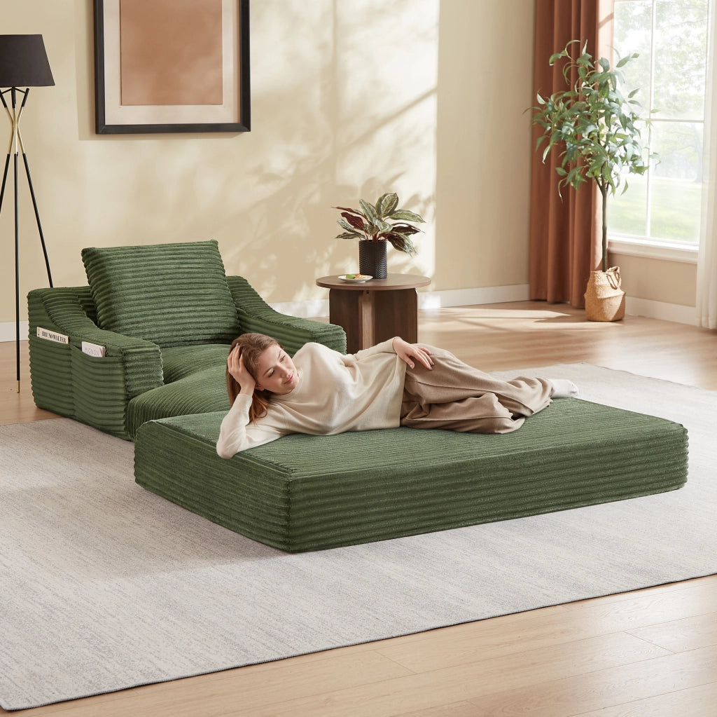Poltrona lounge in velluto a coste verde, design a doppio strato