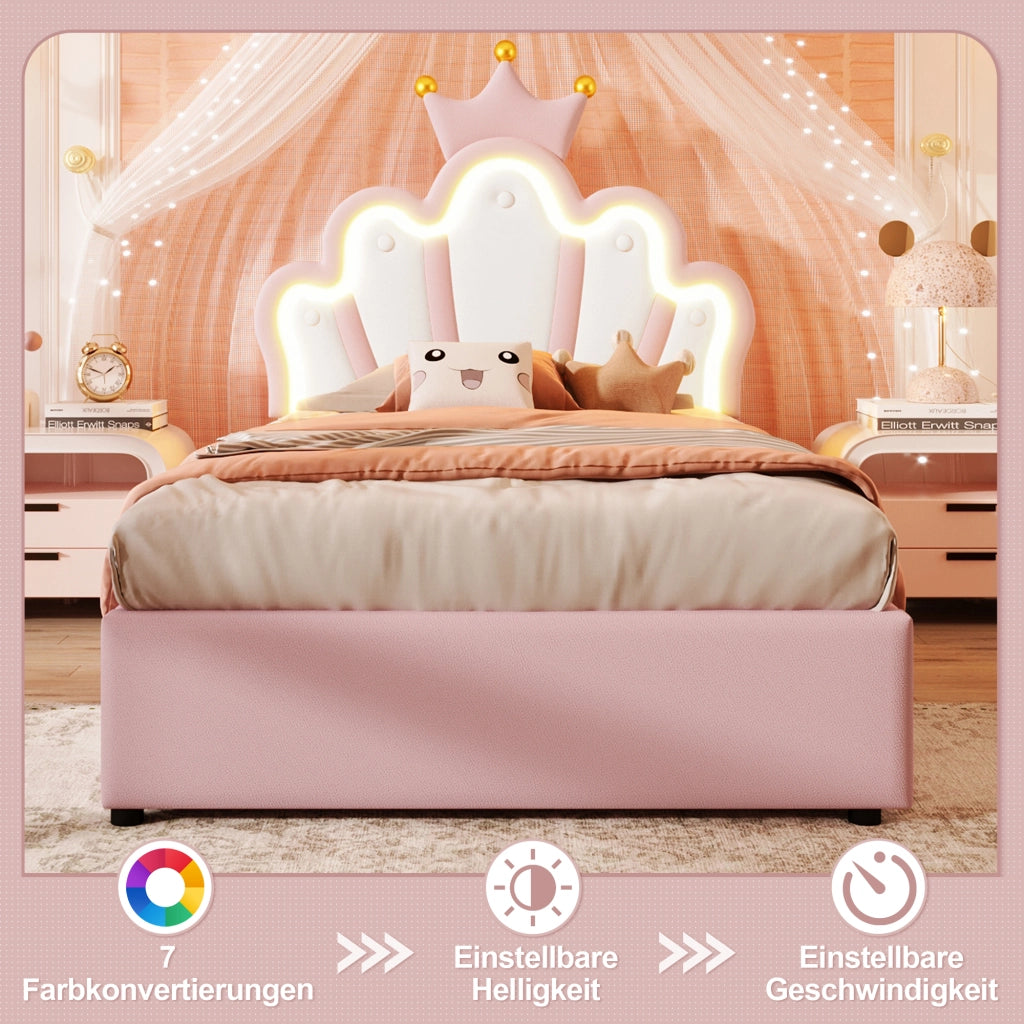 LETTO imbottito 90x200 cm con testiera regolabile, LED, PU rosa