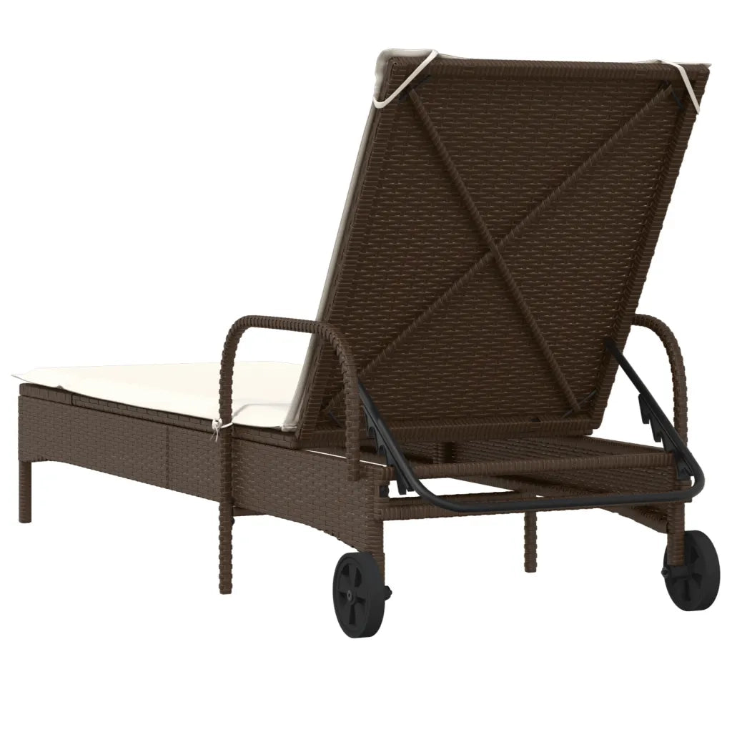 Lettino Prendisole | Sdraio da giardino | Lettino da sole con Ruote e Cuscino in Polyrattan Marrone