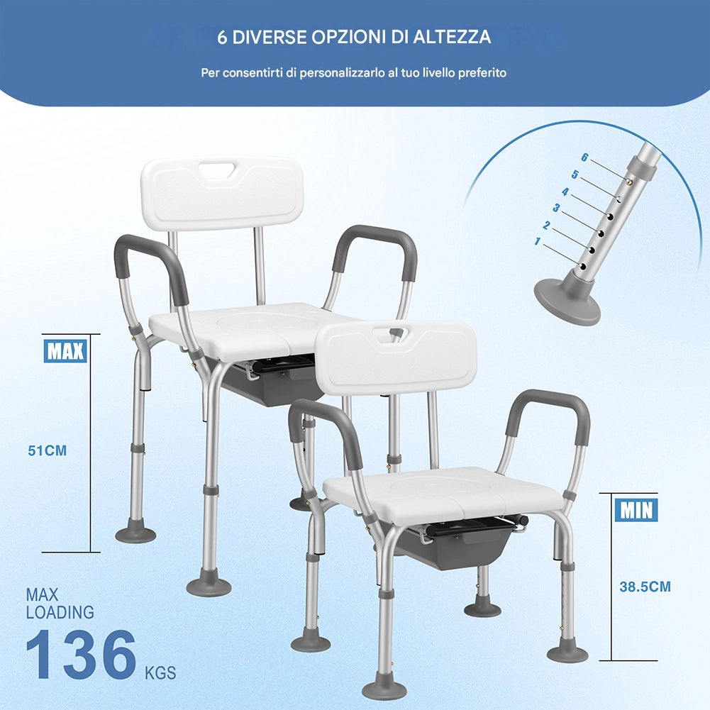 Sgabello WC Bagno in Alluminio Regolabile per Anziani Disabili con Braccioli