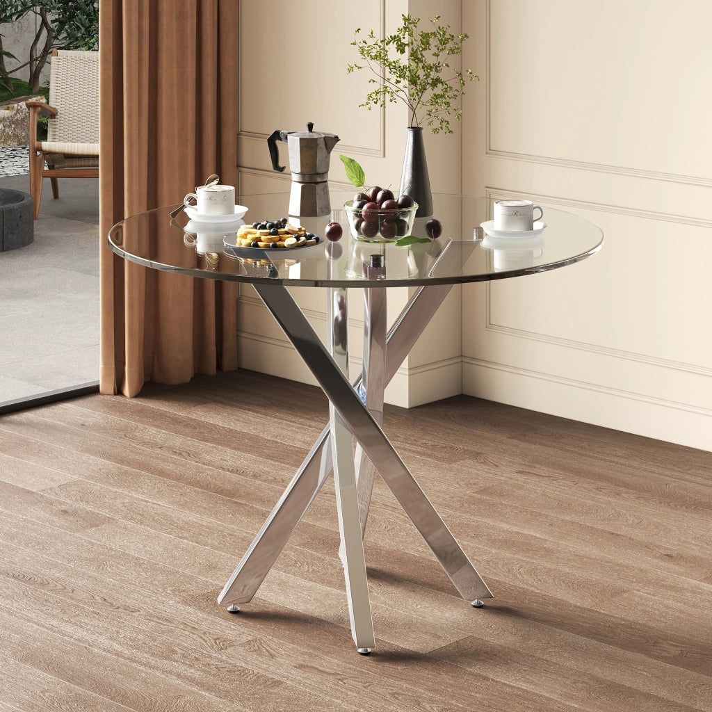 Tavolo da pranzo per 2-4 persone con piano in vetro temperato e gambe in metallo, design moderno, argento, 80 × 80 × 75 cm