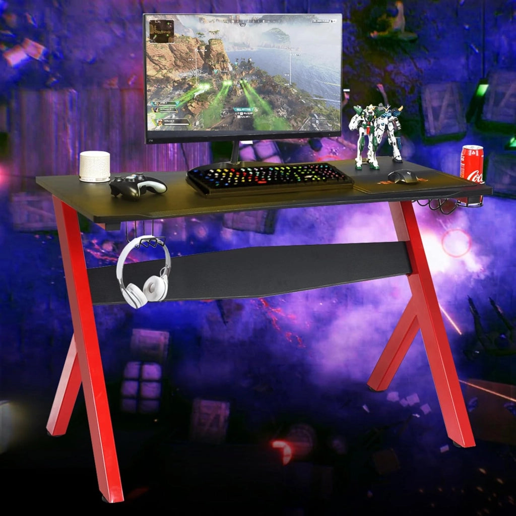 Scrivania da Gaming, Scrivania per Computer con Porta Bicchiere, Tavolo da Gaming con Superficie in Fibra di Carbonio, Capacità di Carico 100 kg, Nero