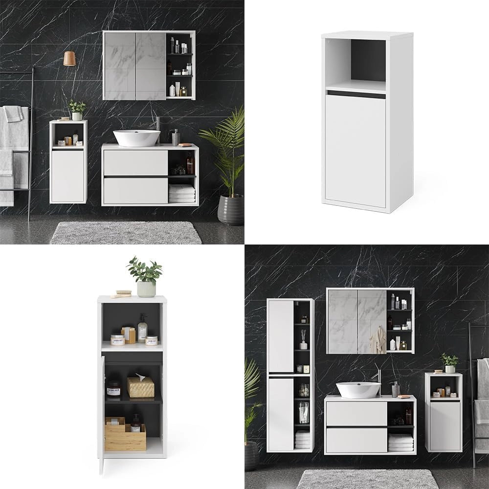 Mobiletto bagno Viola, Bianco, 38 x 80 cm, per montaggio a parete con vani a giorno e vani chiusi
