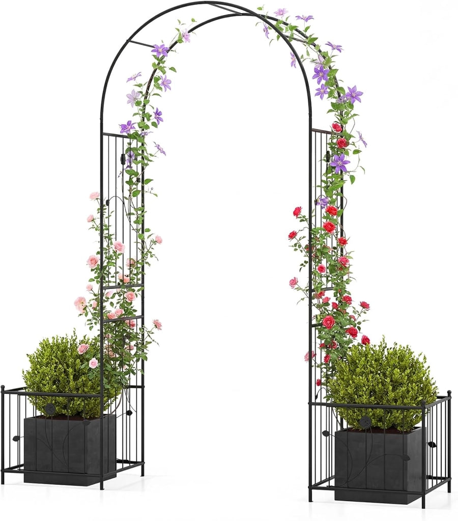 Arco da Giardino, Pergolato in Metallo con Fioriere Laterali, Arco da Esterno per Piante Rampicanti, Rose e Viti, Decorazione per Matrimonio e Festa, 198 x 49,5 x 221 cm