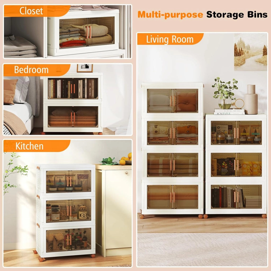 Contenitore di Archiviazione in Plastica, Organizzatore Impilabile con Coperchi e Porte, 4 Ruote, Scatole Organizzatore Pieghevoli per Soggiorno, Camera da Letto (62,5 x 34,5 x 99,5 cm)