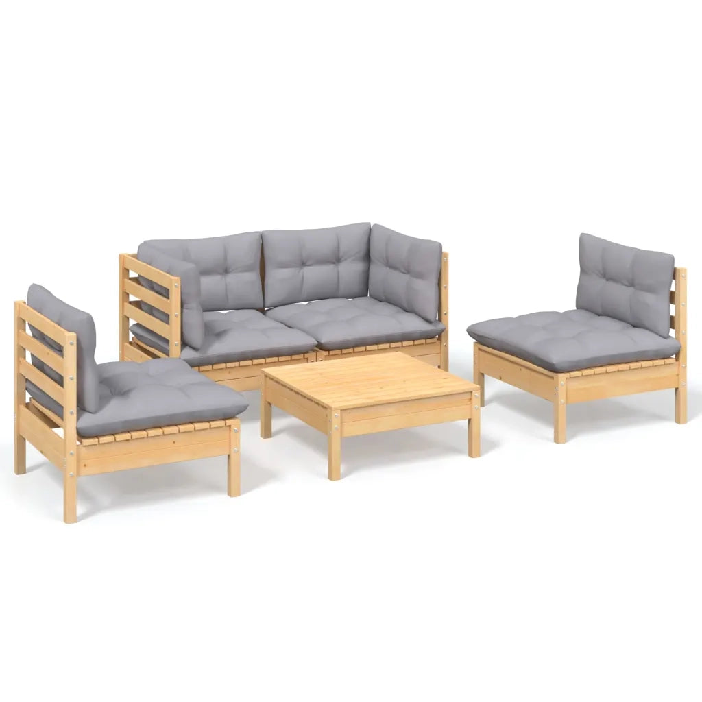 Set Divani da Giardino 5 pz con Cuscini Grigi Massello di Pino 3096177