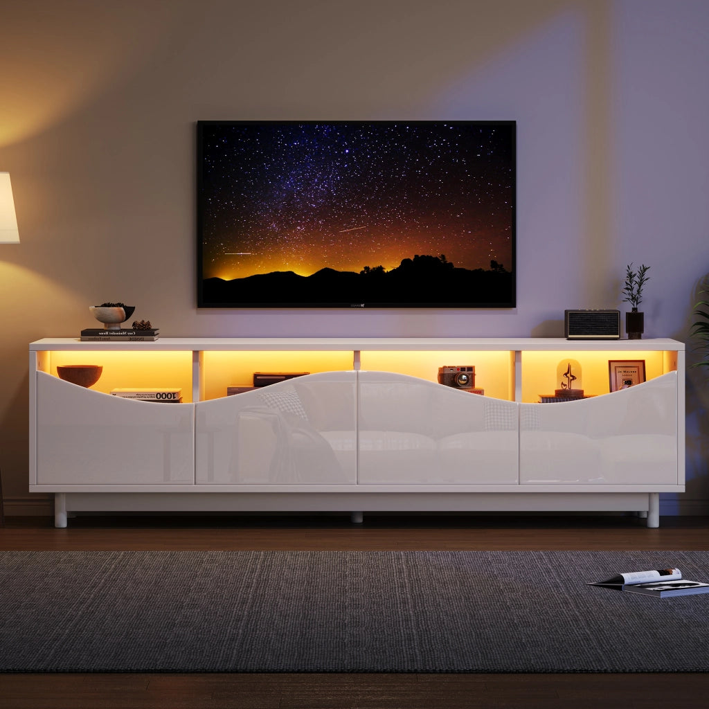 Mobile porta TV curvo con LED, ante a pressione, MDF e vetro temperato, bianco 175 × 38 × 51 cm