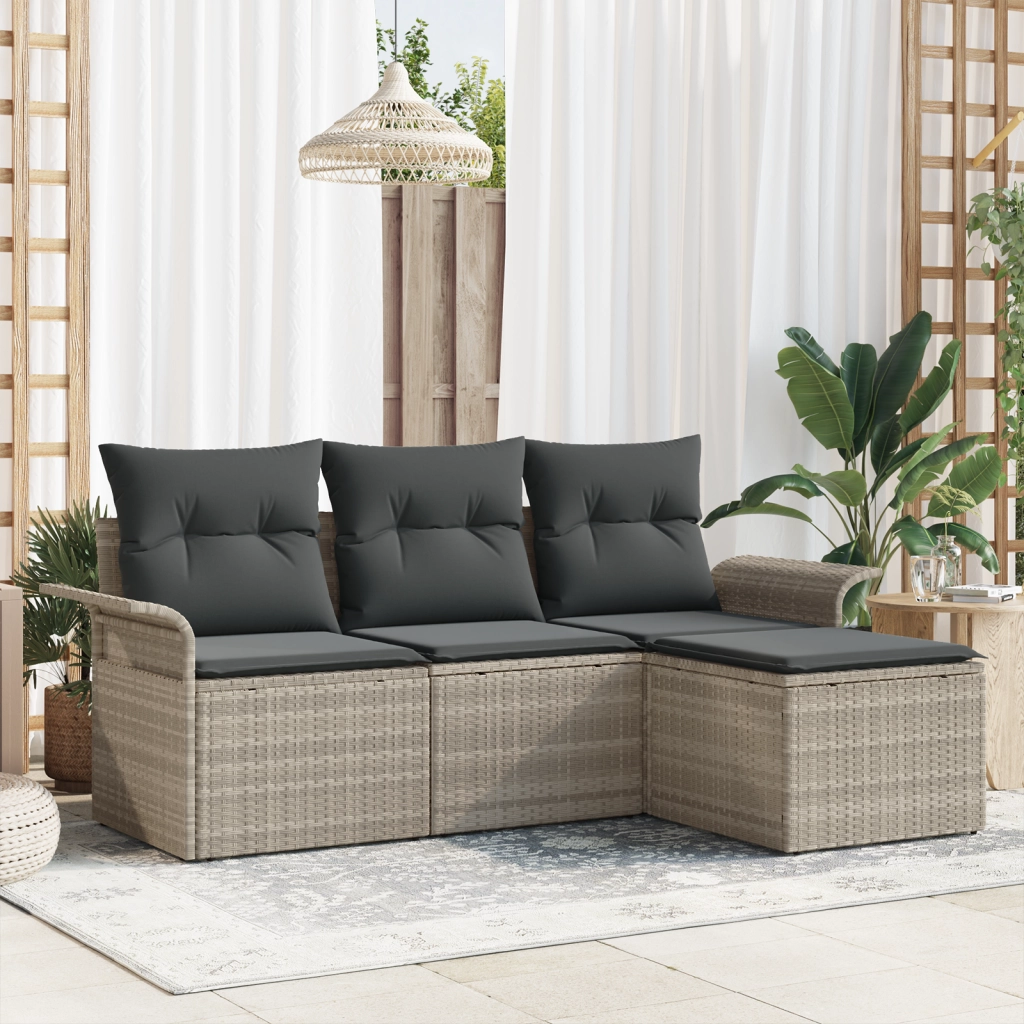Set di Divani da Giardino con Cuscini Grigio Chiaro Rattan Poli