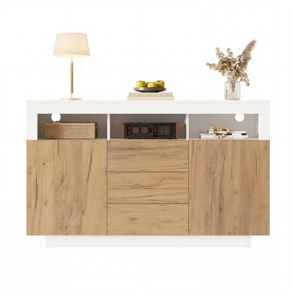 Credenza moderna con 3 cassetti, 2 ante e 3 ripiani aperti, colore bianco e naturale, 140 ¡Á 40 ¡Á 85 cm