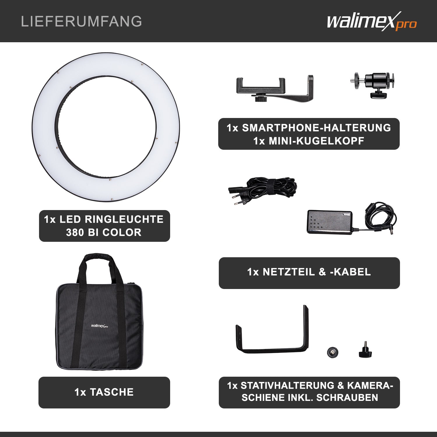 Ring light a LED 380 Bi-Color dimmerabile 23W, Luce ad anello con settori commutabili per foto e video, incl. accessori