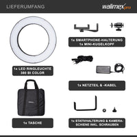Ring light a LED 380 Bi-Color dimmerabile 23W, Luce ad anello con settori commutabili per foto e video, incl. accessori