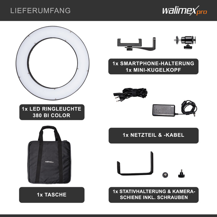 Ring light a LED 380 Bi-Color dimmerabile 23W, Luce ad anello con settori commutabili per foto e video, incl. accessori