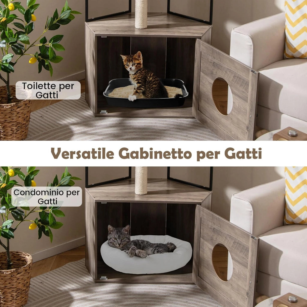 Mobile per Lettiera per Gatti, Mobile Nascosto per Gattini con 2 Tiragraffi e 3 Tappetini, Foro per Gatto, Struttura in Metallo e Pallina Appesa, Albero per Gatti in Legno da Interno