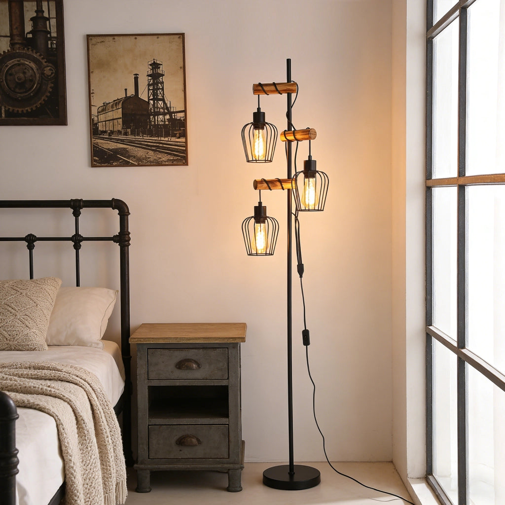 ZMH Lampada da Terra Vintage Legno Soggiorno Industriale 3xE27 Retro Lampada da Lettura Rustica Senza Lampadine