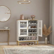 Scaffale in legno per scarpe con piatti regolabili e gambe metalliche, 5 piatti e porte a grata, Bianco