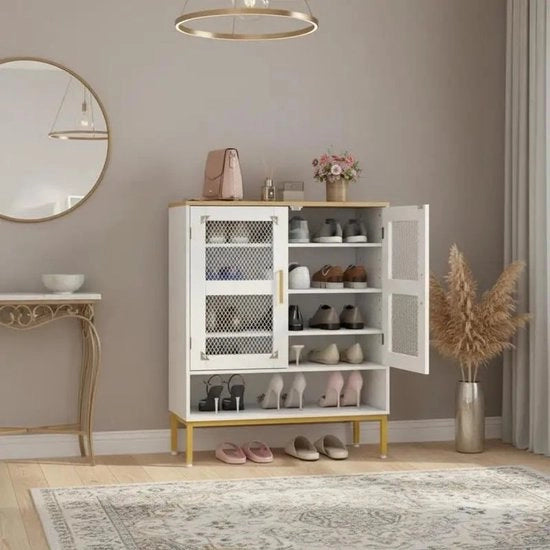 Scaffale in legno per scarpe con piatti regolabili e gambe metalliche, 5 piatti e porte a grata, Bianco