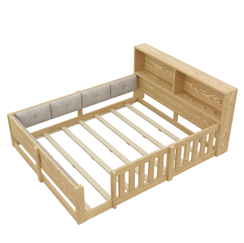 Letto per bambini 140x200 cm con sponde; testiera con contenitore e LED; naturale