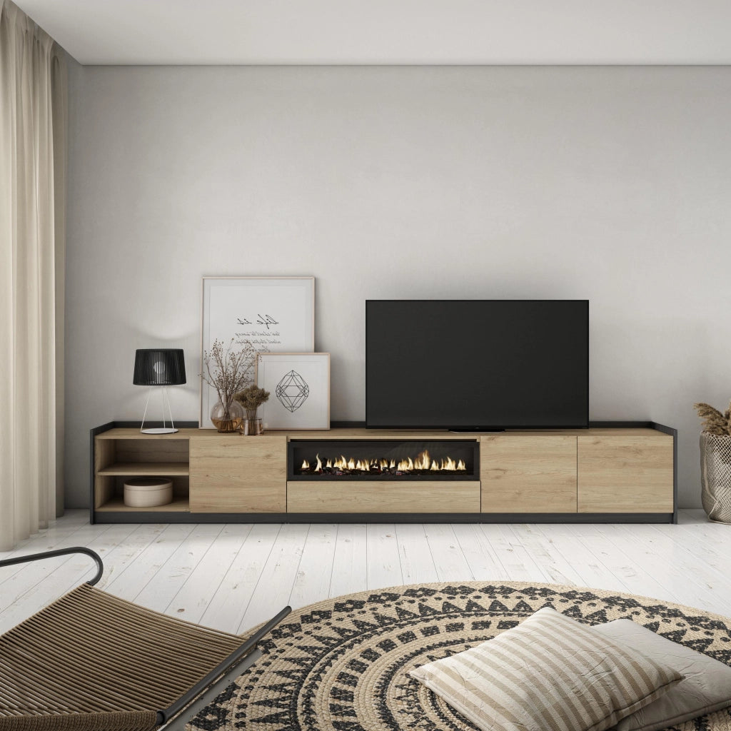 Mobile TV Soggiorno, 310x50x37 cm, Per TV fino a 80", Camino elettrico, Rovere e nero