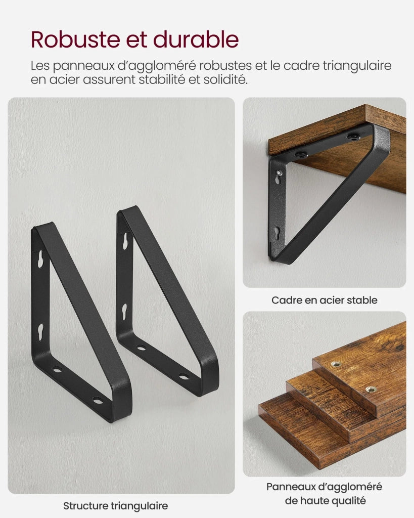 Mensola da parete sospesa a 3 livelli in stile industriale con supporto a parete stabile per soggiorno bagno cucina marrone 12_0005771