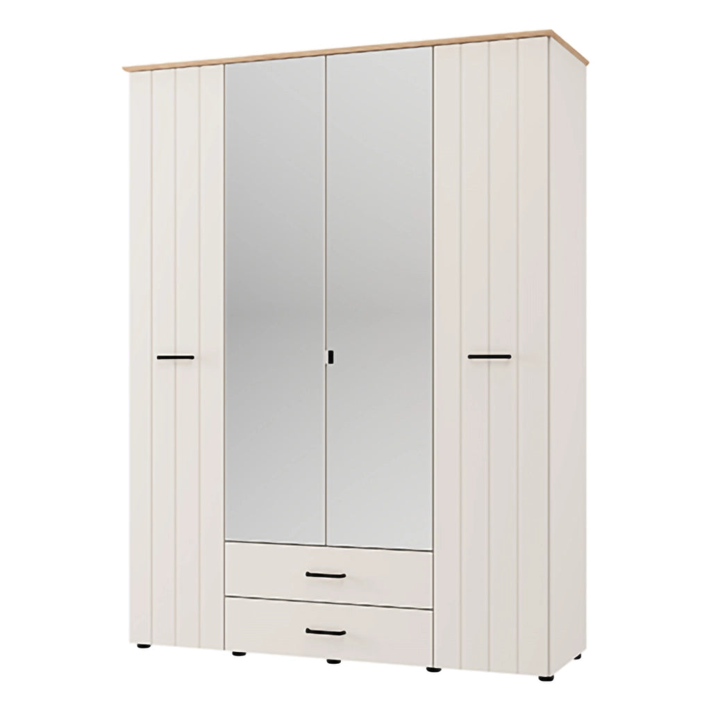 Armadio Camera da Letto Pokhar, Guardaroba Grande 2 Cassetti, 157x208h cm Bianco Crema