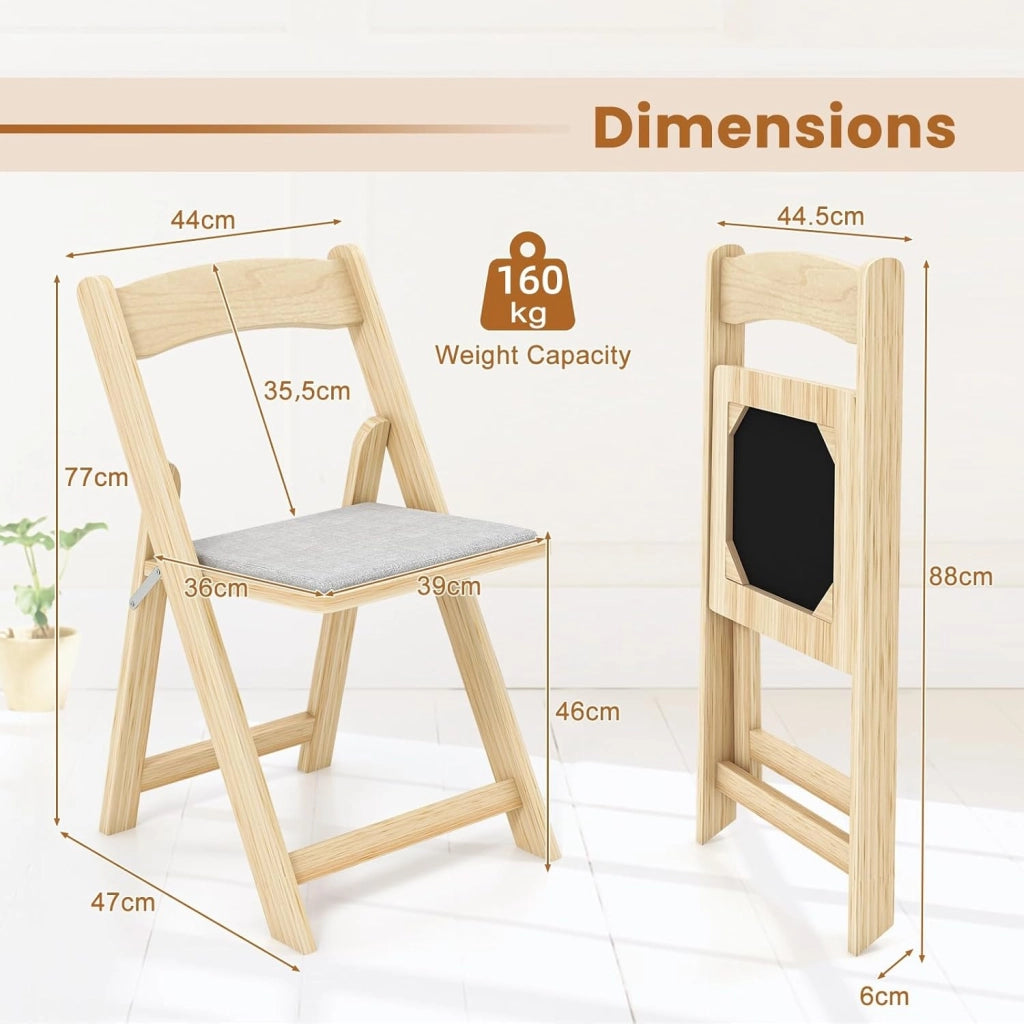 2 sedie pieghevoli in legno, con seduta imbottita, salvaspazio, per casa, ufficio e feste, 44 x 47 x 77 cm, portata fino a 160 kg