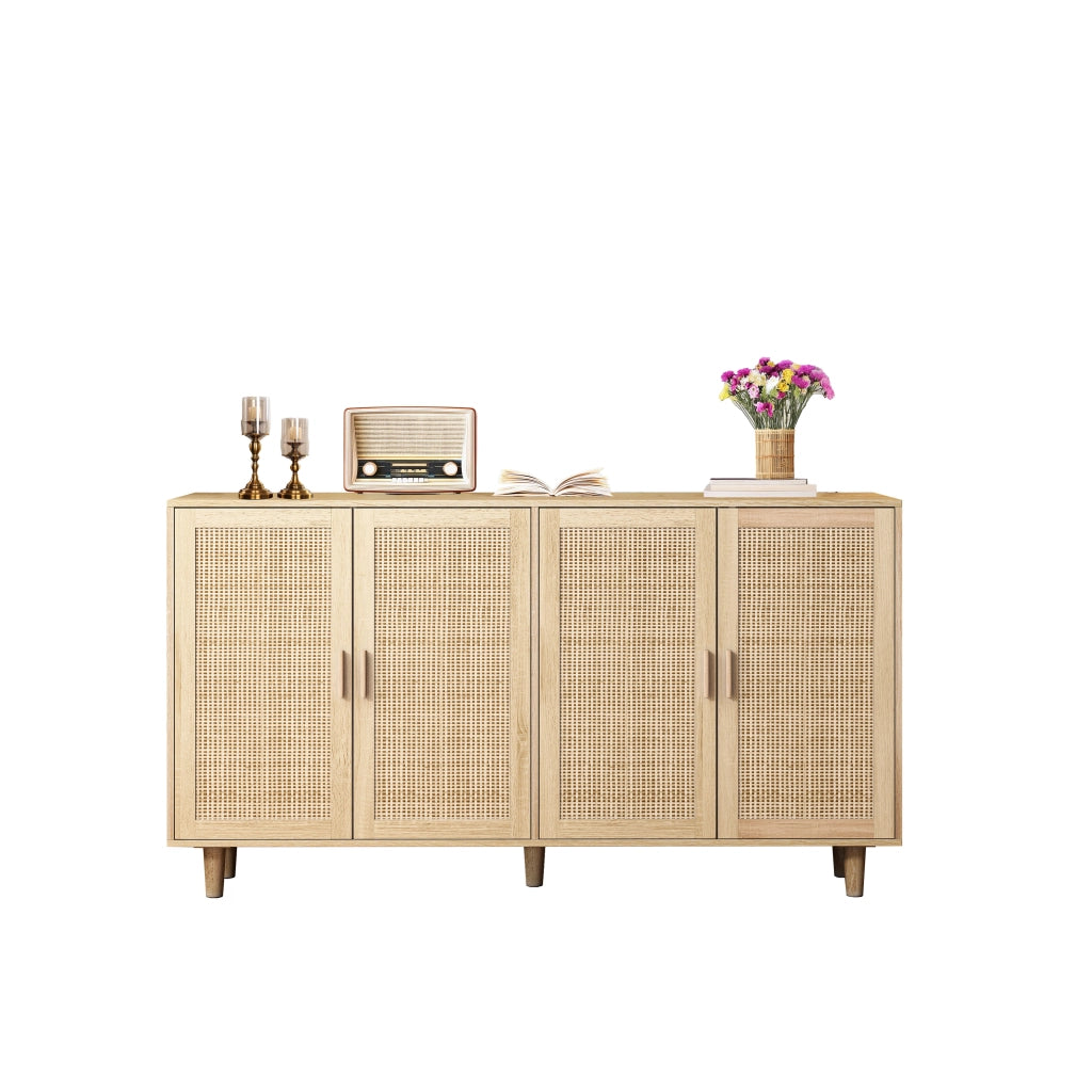 Armadio contenitore a 4 ante in rattan naturale 158 x 40 x 88 cm con ripiano regolabile
