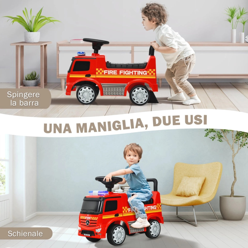 Camion dei pompieri Mercedes Benz per bambini con spazio nascosto, Macchinina a spinta e cavalcabile Rosso-Macchinine giocattoli