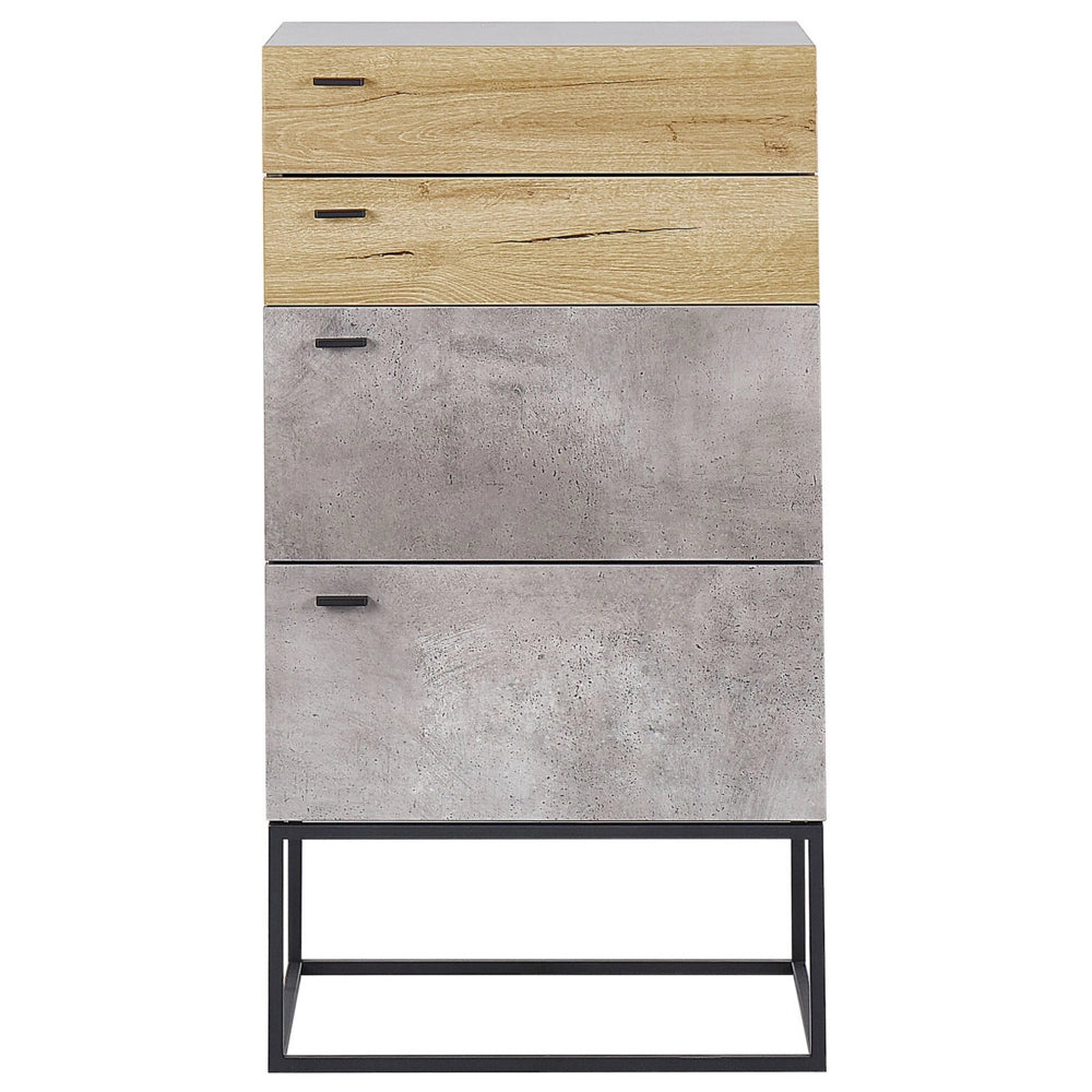 Cassettiera Effetto Cemento Legno Chiaro 4 Ripiani Base in Metallo Nero Industriale