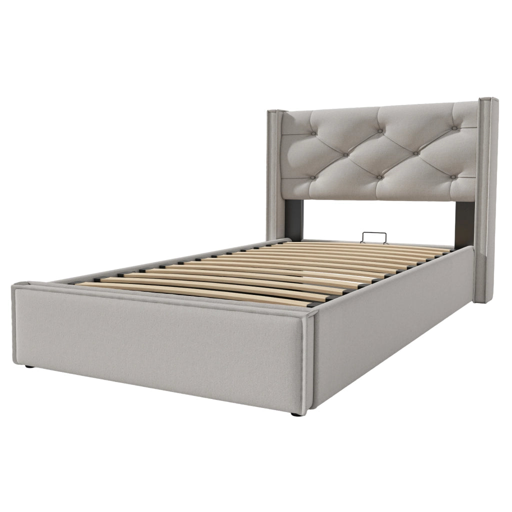 Letto imbottito 90x200 cm con contenitore sollevabile; cotone grigio chiaro (Senza materasso)
