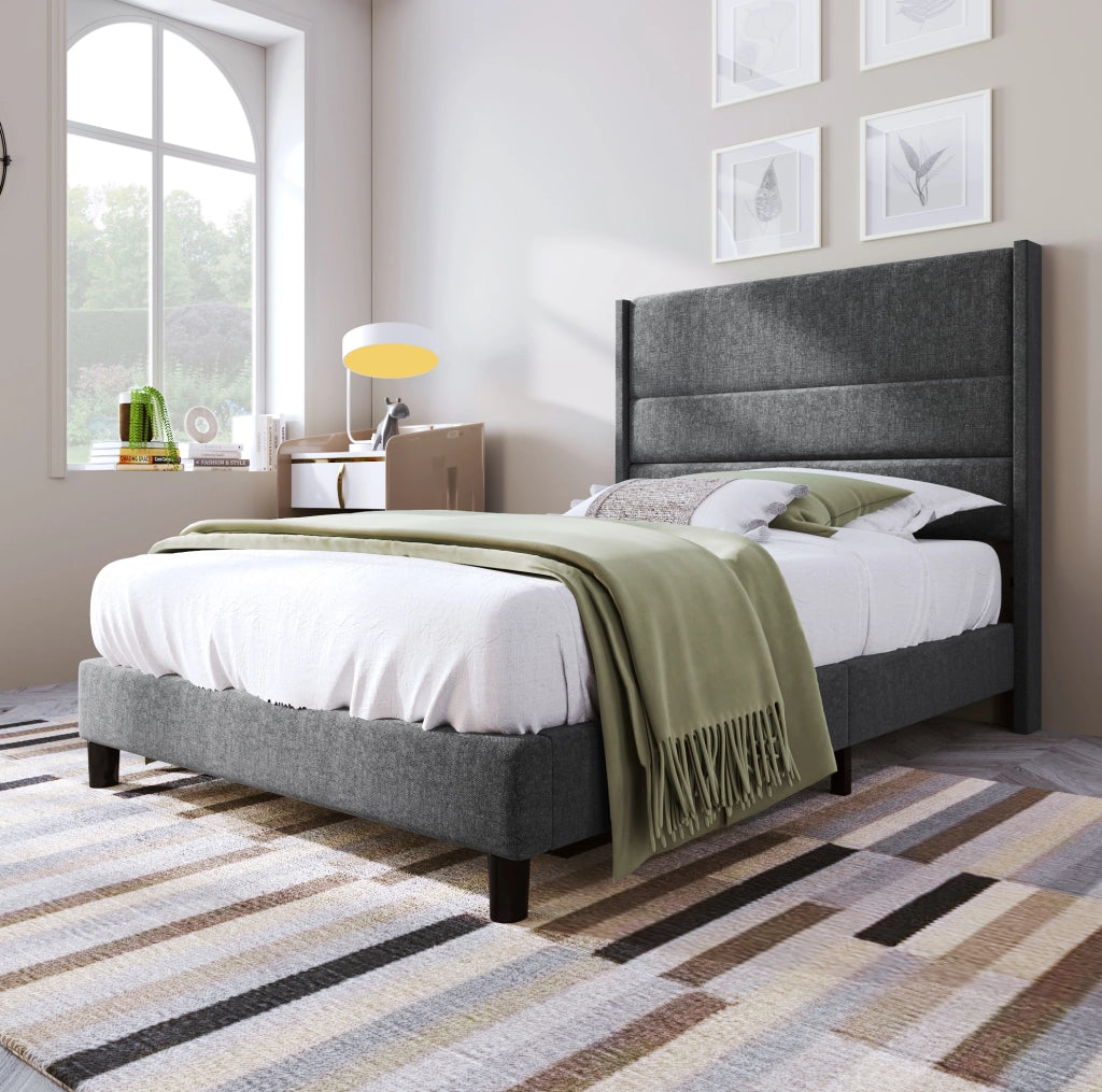 Letto singolo 90x200 in lino grigio con testiera e rete a doghe