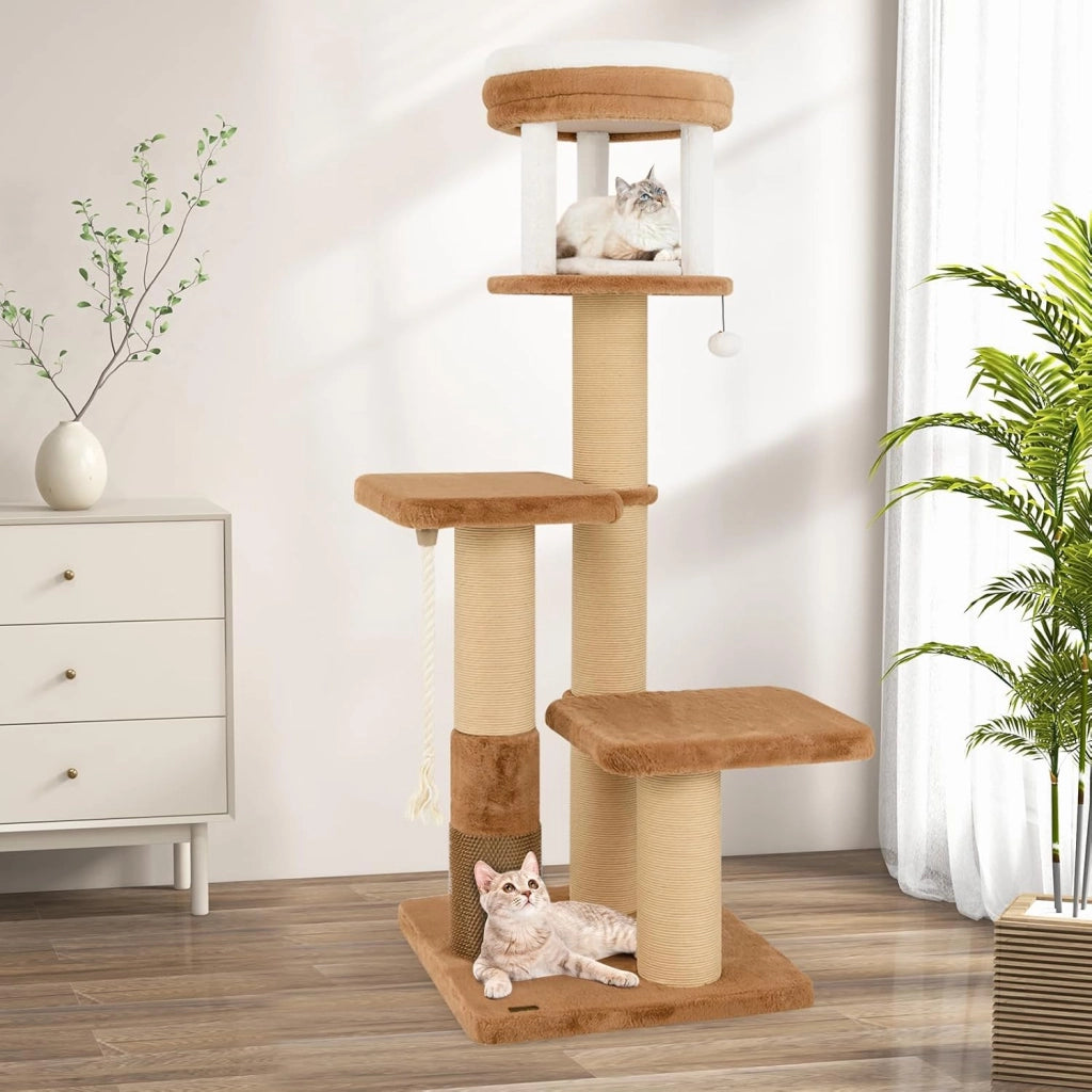 Tiragraffi per Gatto Alto 165 cm, Albero Tiragraffi Gatto con 4 Piattaforme, 4 Pali Sisal, Spazzola, Corda e Palla Pompon, Torre Tiragraffi per Gatti Imbottito Rimovibile, Caramello
