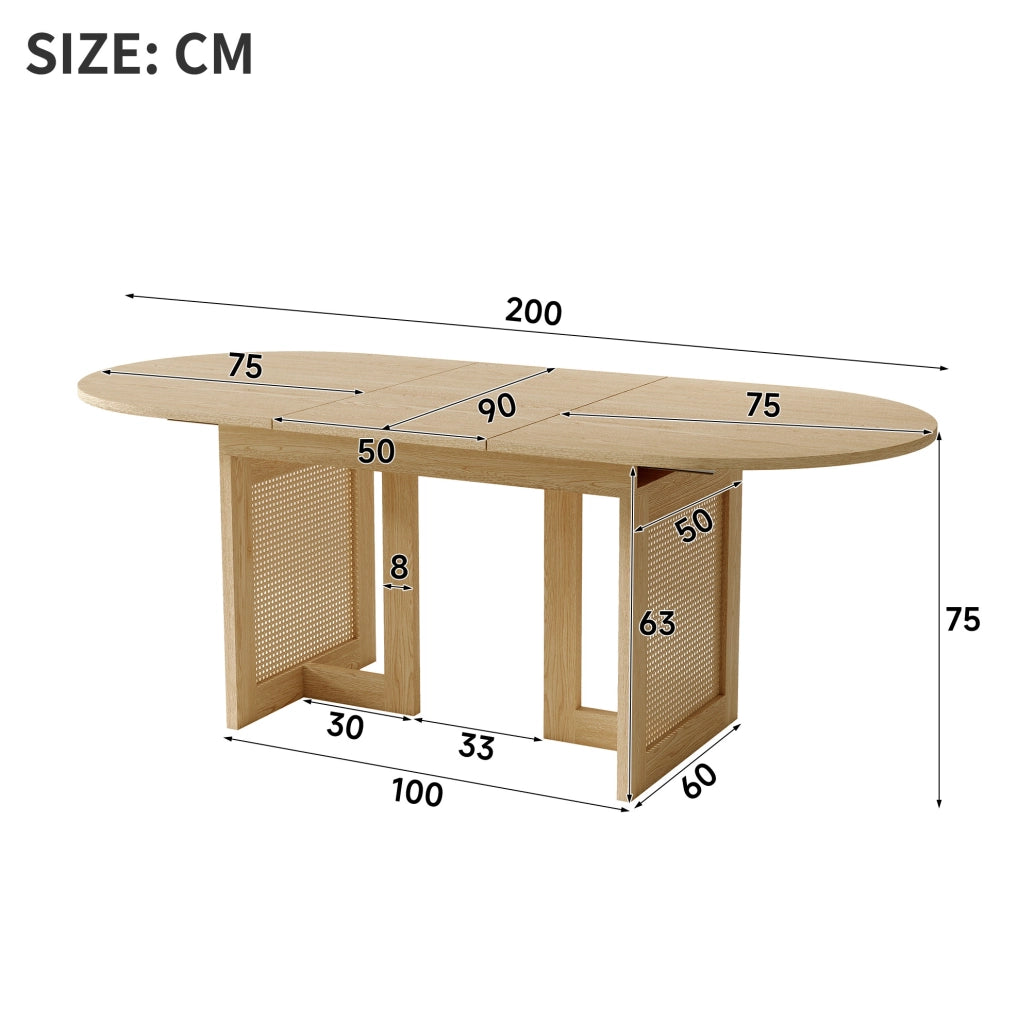 Tavolo da pranzo allungabile 200x90x75 cm con angoli arrotondati; gambe in rattan; MDF; naturale