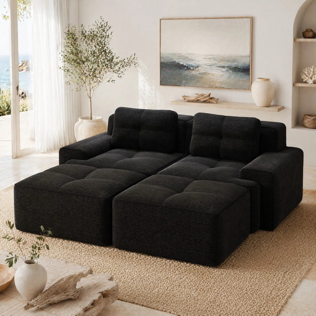 Divano modulare boneless in corduroy; 204x177x69 cm; nero