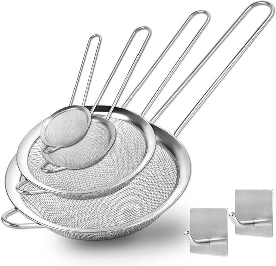 Set di setaccio per cucina, 4 pezzi, 5,5/7/12/18 cm, setaccio in acciaio inossidabile di alta qualità, setaccio a maglia fine, setaccio per la cucina con manico rinforzato, setaccio per ciotole, cottura, farina, tè e succo, zucchero in polvere