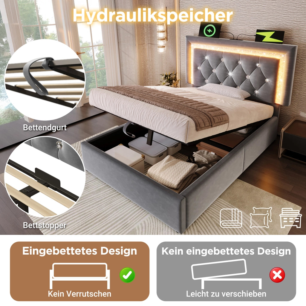 Letto singolo – 90x200 cm – LED diamante USBC cassone idraulico – velluto grigio