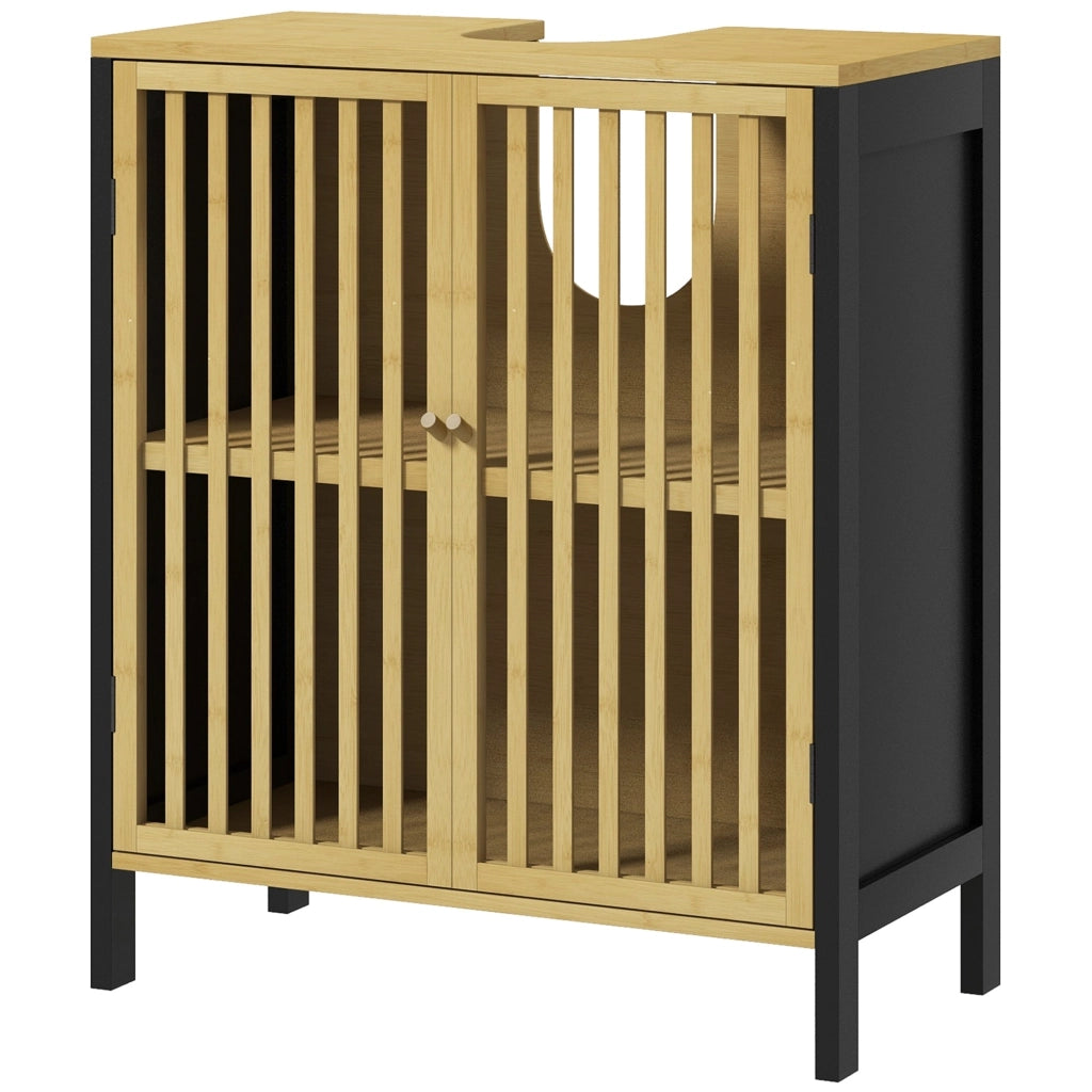 Mobile Sottolavabo Bagno con 2 Ante a Doghe 60x30x70 cm in Legno di Bambù e MDF con Intaglio a U Legno Naturale e Nero