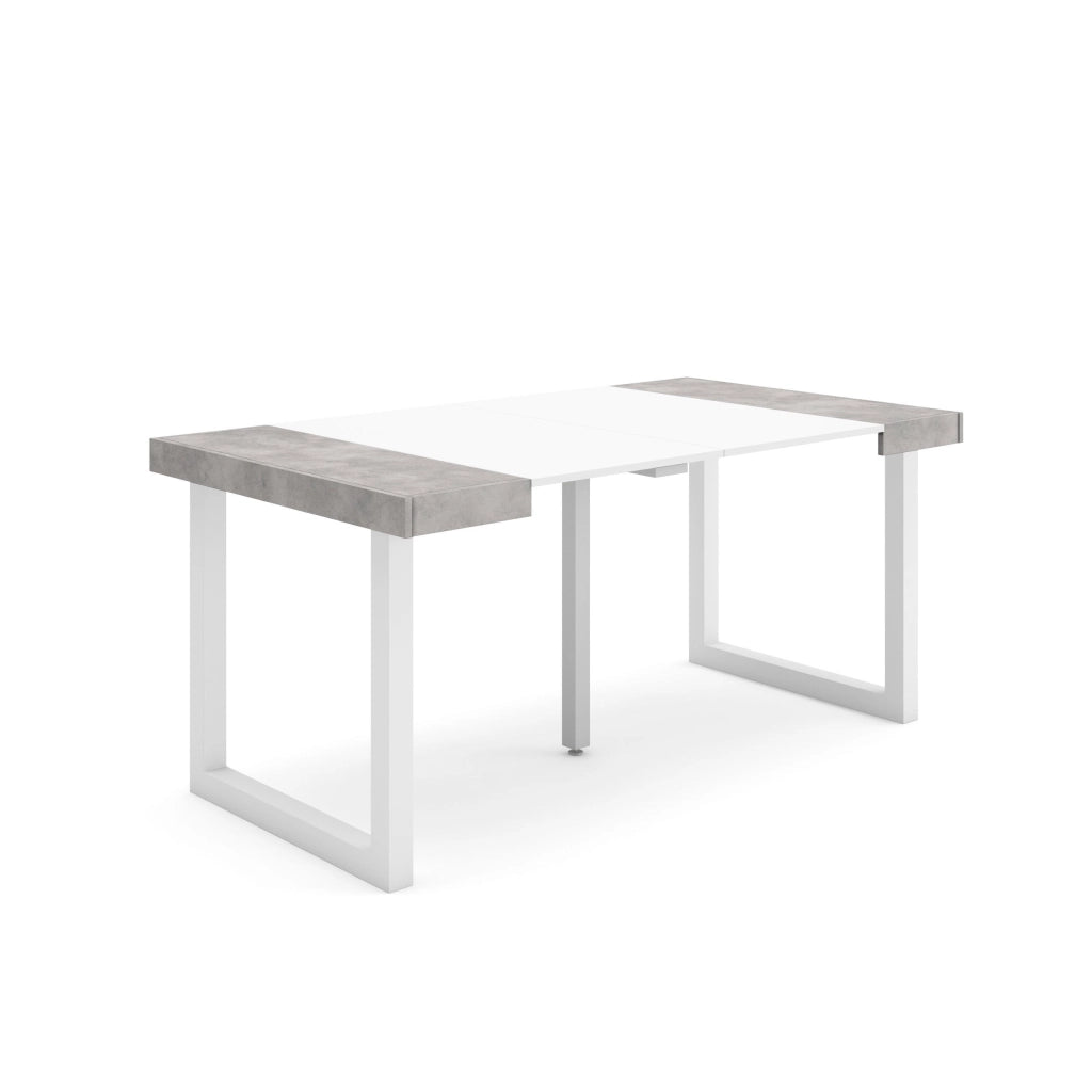 Consolle allungabile, 58 fino 160x90x73cm, Per 8 persone, Gambe in legno, Bianco e grigio cemento RF2746