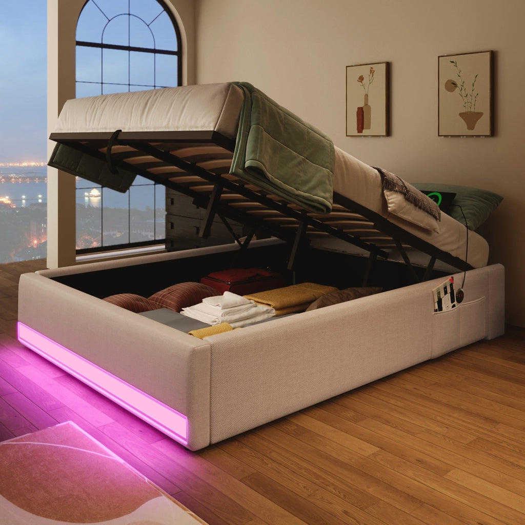 OKWISH Letto Singolo 90×200 cm con LED, USB, Type C e Contenitore, senza Materasso, in Lino, Beige