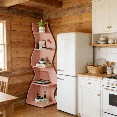 Scaffale angolare a 5 ripiani rosa in legno