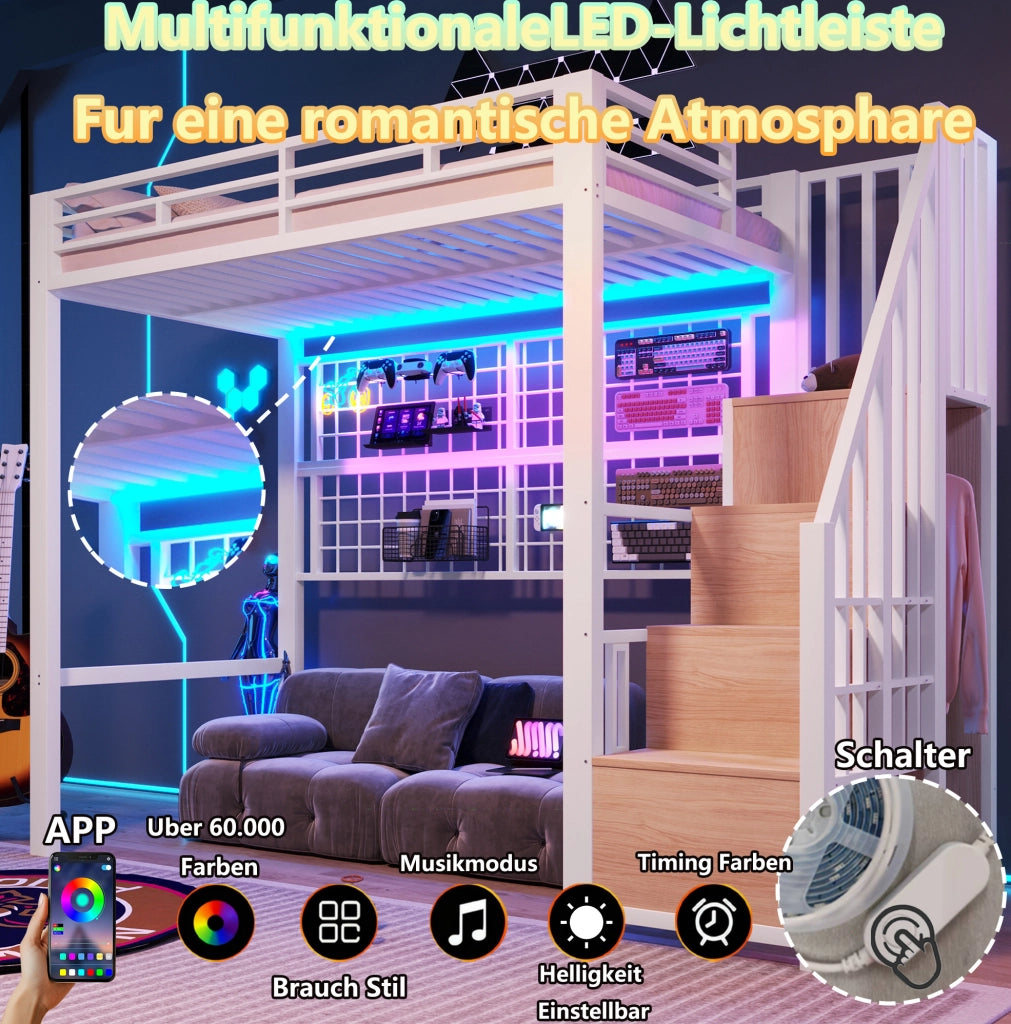 Letto a soppalco 90x200 cm con armadio e LED, bianco